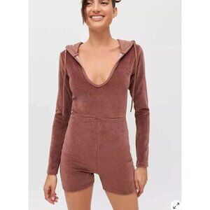 iets frans Urban Outfitters Brown Kelly Velour Hoodie Romper Playsuit Size XS